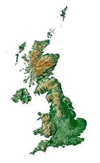 Shetland Prints: United Kingdom. Detailed 3D rendering of a shaded relief map with rivers & lakes