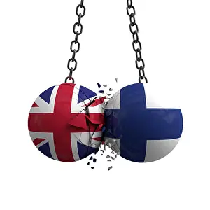 Collapse Prints: United Kingdom and Finland flag political balls smash into each other. 3D Rendering