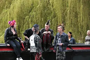Camden Prints: united kingdom london camden high street a group of punks on the bridge over the lock