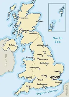 Yellow Vector Vectors Prints: United Kingdom map vector - major cities marked on map of the UK