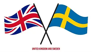 Flag Waving Prints: United Kingdom and Sweden Flags Crossed And Waving Flat Style