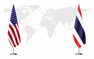 United States and Thailand flags for official meeting against background of world map