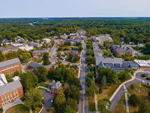 American United Prints: University of New Hampshire UNH Durham campus aerial view on Main Street in historic town center of Durham