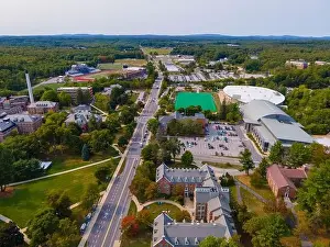 American United Prints: University of New Hampshire UNH Durham campus aerial view on Main Street in historic town center of Durham
