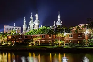 Florida Prints: University of Tampa minarets at night across the Hillsborough River