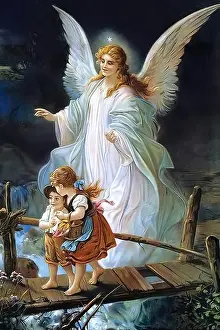 Religious Painting Prints: Unknown Artist – A Guardian Angel Protects Two Children Crossing a River