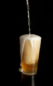 Bubbles Prints: Unlabeled Beer being poured into pint glass on black background