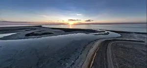 Unusual islands on a brilliant lake, top view, drone camera