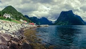 Images Dated 16th July 2017: Urke village and Hjorundfjorden fjord