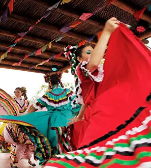 Professionals Prints: USA, California, San Diego, several members of Grupo Folklorico colorfully dance at the Fiesta de Reyes in Old Town