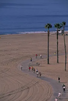 Santa Monica Prints: U.S.A. California, Santa Monica Bike path along beach, Pacific Ocean
