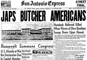 Pearl Harbor Prints: USA/Japan: Headline of the San Antonio Express (Texas) on 8 December