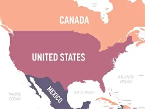 Peach Prints: USA map. High detailed political map United States of America and neighboring countries with country