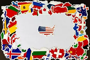 Surrounded Prints: USA Map Surrounded by Global Country Map Flags