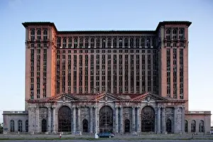 USA, Michigan, Detroit, Abandoned Michigan Central Station in downtown at sunset on summer evening