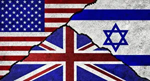 Breakup Prints: USA, United Kingdom and Israel flag together on a textured wall