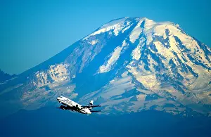 Washington Prints: USA Washington Seattle Alaska Airlines jet passes Mount Rainier taking off from Sea Tac International Airport
