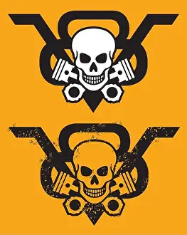 Crossed Prints: V8 Engine Emblem with Skull and Pistons. Includes both clean and grunge versions