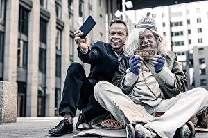 Homeless Prints: Vain rich man in costume making selfie of donation money