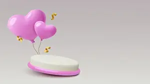 February 14 Prints: Valentines day 3D podium with Pastel pink heart balloons gold confetti minimal product background