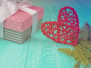 Emerging Prints: Valentine's Day background with white gift boxes decorated red ribbon bow and red hearts