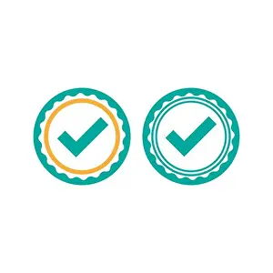 Approval Prints: Valid Seal icons set. Blue circle with ribbon outline and squared tick