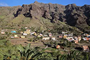Terraced Prints: VALLE GRAN REY, LA GOMERA, SPAIN: View of Chele village with terraced fields and mountains