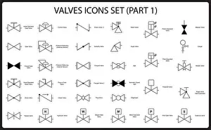 Construction Equipment Prints: Valve engineering symbol set. Collection of shut-off and control valves icons