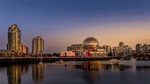 Water Reflection Prints: Vancouver Skyline at Sunset at the Eastern Shore of False Creek Inlet with the Science Center Globe in British Columbia