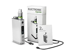 Atomizer Prints: Vape Pen with box and charge cable. Electronic Cigarette, 3d Illustration isolated white