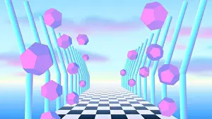 Checkered Prints: Vaporwave corridor of pillars with flying 3D donut shapes and sun in 90s style