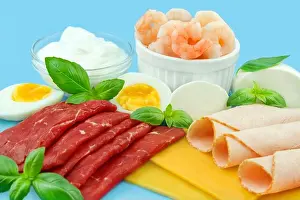 Dietary Prints: Various foods with proteins on blue background