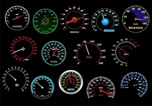 Gauge Prints: Various glowing speedometers set on black background for racing