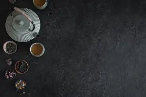 Teacup Prints: Various Tea Selection and Teapot on black background