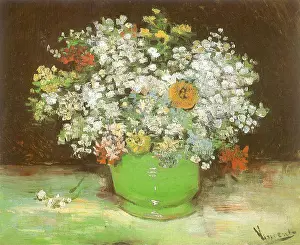 Emerald Prints: Vase with Zinnias and Other Flowers