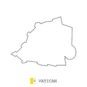 Vatican City Prints: Vatican map line, linear thin vector simple outline e and flag. Black on white background
