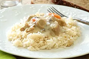 Veal Prints: veal blanquette with carrots and rice in a plate