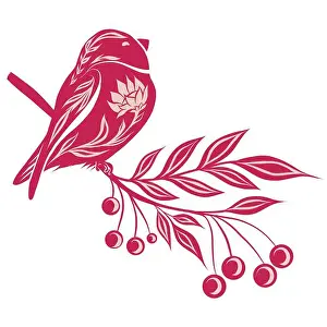 Filigree Prints: Vectir decorative illustration with birds and rowan berries on branches in magenta color