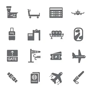 Leaving Prints: Vector black airport icons set on white background