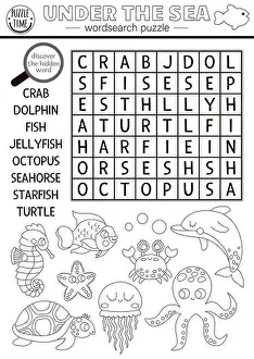 Crossword Prints: Vector black and white under the sea word search puzzle for kids
