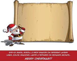 Presenting Prints: Vector Cartoon illustration of a happy smiling Santa Claus sounding the Christmas bell in front of a blank aged scroll