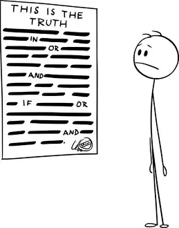 Stickman Prints: Vector cartoon stick figure drawing conceptual illustration of man reading heavily censored statement of the truth