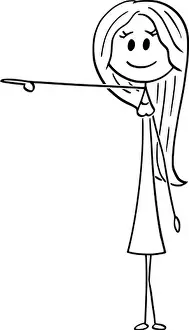 Stickman Prints: Vector cartoon stick figure drawing conceptual illustration of young attractive woman showing or pointing at something