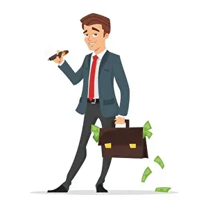 Vector cartoon style illustration of successful businessman holding a case full of money. Isolated on white background
