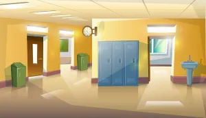Lobby Prints: Vector cartoon style school hall with doors and classes, rubbish and sink