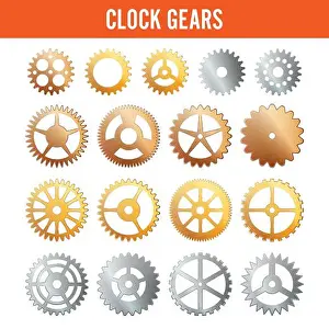 Spin Prints: Vector Clock Gears. Metal Icons Isolated On White. Silver, Gold, Bronze