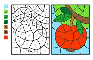 Difficulty Prints: Vector coloring page Color by numbers apple