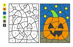 Scare Prints: Vector coloring page Color by numbers halloween pumpkin