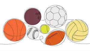 Rugby Prints: Vector continuous one single line drawing set vector of balls and equipment