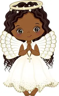 Nativity Prints: Vector Cute African American Girl Angel Holding Cross, Praying